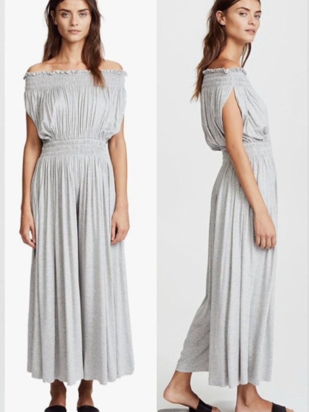 Norma Kamali Peasant Jumpsuit XS Gray Off The Shoulder Wide Leg Smocked Stretchy